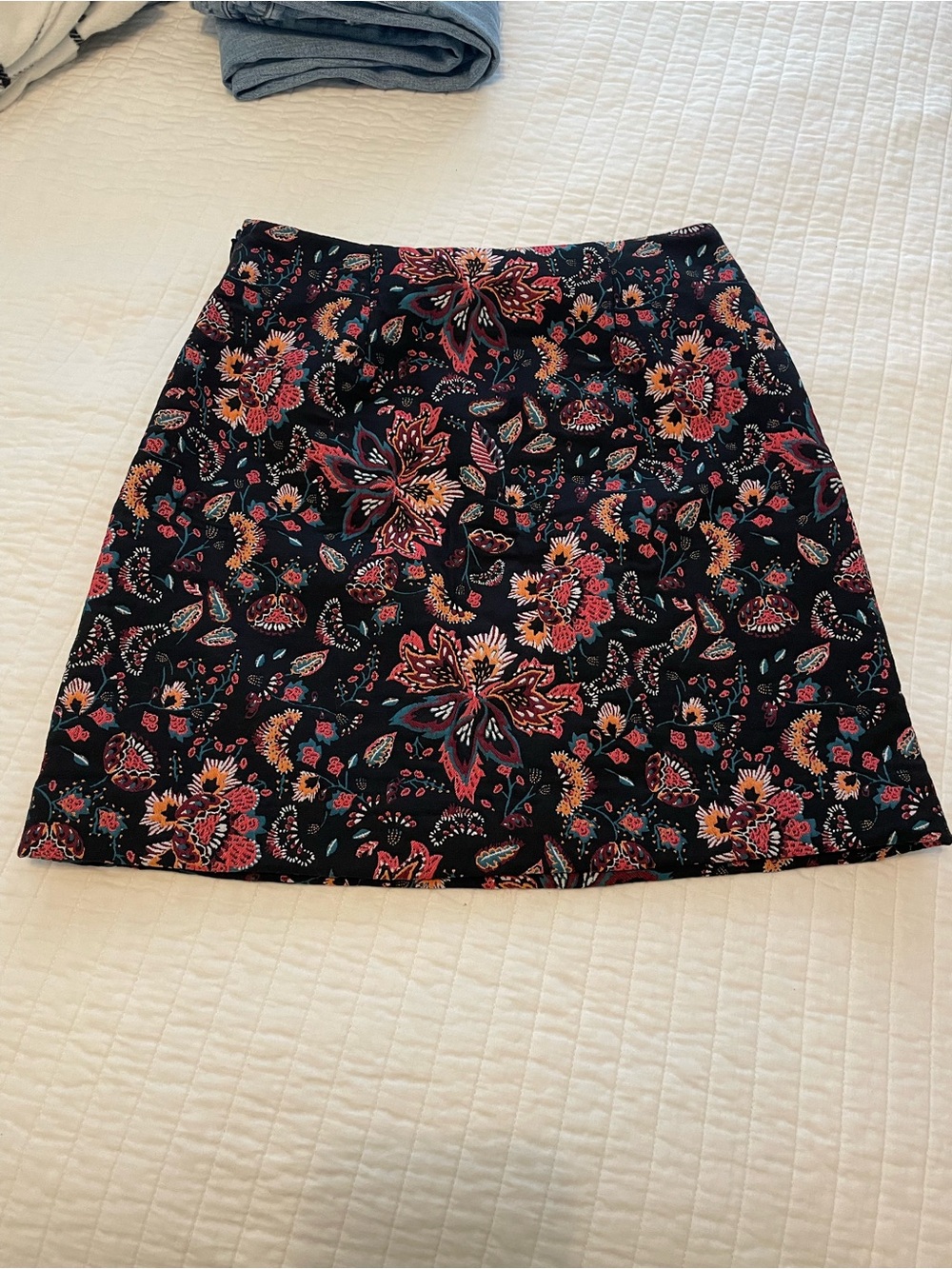 Loft Black Floral A-Line Skirt with Pink and Coral Accents